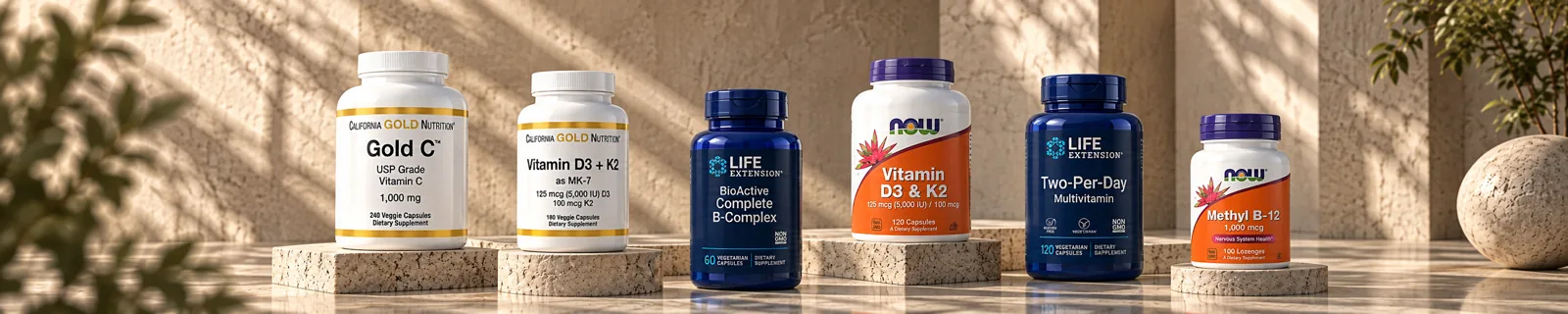 Vitamins and supplements from iHerb — popular brands displayed on stone podiums